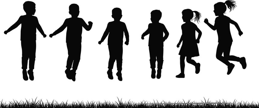 Silhouette vector illustration of children playing and jumping on grass field, outdoor fun concept, happy childhood activity, friendship and joy design