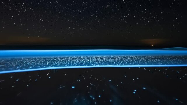 Bioluminescent Waves Under Starry Night Sky.