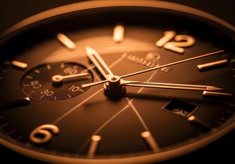 Extreme Close-up of Luxury Watch Dial Golden Hands and Mechanical Timepiece Detail
