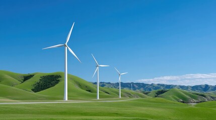 Fototapeta premium Turbines on Lush Green Hills Under Bright Blue Sky in a Scenic Landscape with Nature's Beauty and Renewable Energy Focus