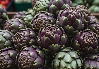 Fototapeta premium Close-up Full Frame Background of Fresh Purple Artichokes Healthy Raw Vegetable Produce