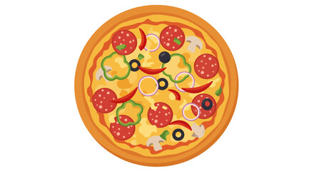 A delectable, round pepperoni pizza generously topped with colorful ingredients, including olives, peppers, and mushrooms, presented as a vibrant flat vector illustration.