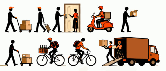 A vibrant vector illustration showcasing various delivery methods, including scooter, bicycle, and truck, transporting packages for efficient and timely services.
