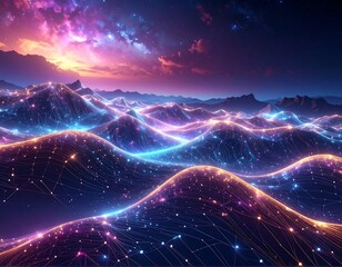 Neon Network Landscape Under a Cosmic Sky.