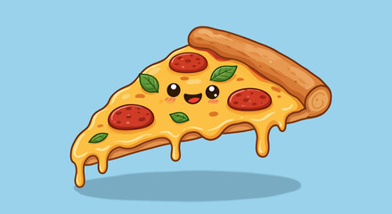 A delightful and charming cartoon pizza slice with a happy face, gooey melted cheese, and pepperoni toppings, presented as a cheerful vector illustration.