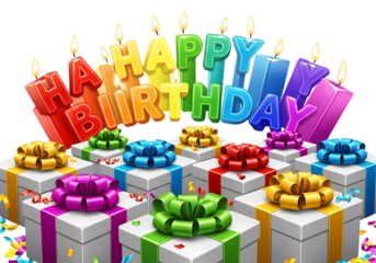 Colorful Happy Birthday celebration with gifts and candles vector graphic