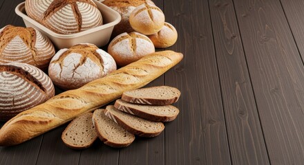 Assortment of freshly baked artisan breads including sourdough and baguette displayed on a rustic wooden surface for culinary and food-related projects