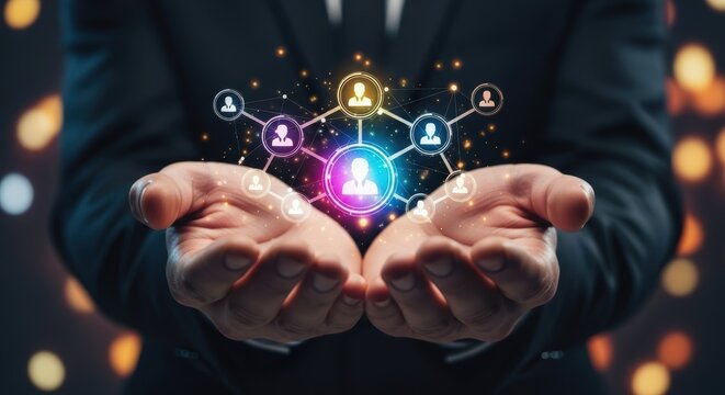 Hands holding interconnected network symbols representing human resources and global business connections with a sparkling bokeh background