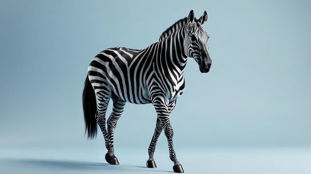 Zebra Walking: Striking Black and White Stripes Against a Soft Blue Background
