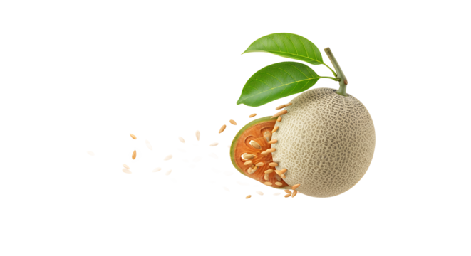 Fresh Cantaloupe Slice Bursting with Seeds on White Backdrop, Vibrant and Appetizing