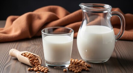 Soy milk in a glass and pitcher on a wooden table with soybeans in a scoop healthy vegan alternative to dairy