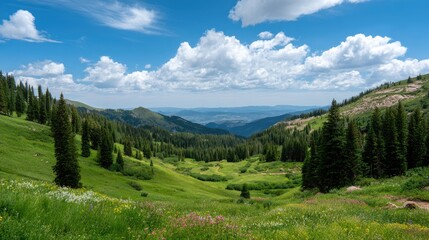 Obraz premium Expansive Green Valley Under a Blue Sky with Fluffy White Clouds and Lush Pine Trees in the Rocky Mountains