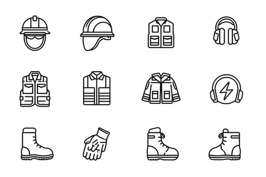 Outline Style Industrial Safety Equipment Icon Set on Transparent Background, PNG
