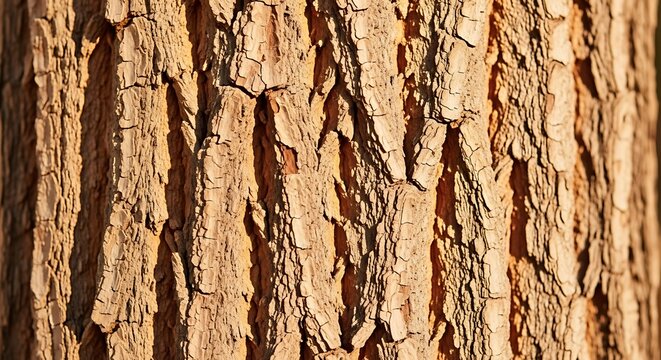 A detailed close-up of deeply textured, light brown tree bark, highlighted by the warm, directional sunlight that emphasizes its rough, vertical ridges and grooves.