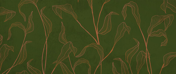 Naklejka premium A foliage art background with grass and leaves in a line style in coral colors. A botanical banner for decor, prints, textiles, posters, interiors, and packaging.
