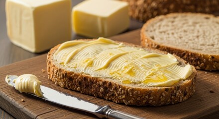 Slice of bread with butter spread on a wooden board perfect for breakfast or snack