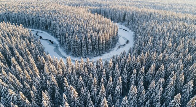 Aerial view of a snowy forest with a winding river.