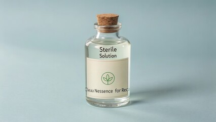 Transparent glass bottle with sterile solution and label for essence on light blue background