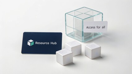 Transparent cube with white blocks and access card promoting resource sharing and collaboration in modern workspace