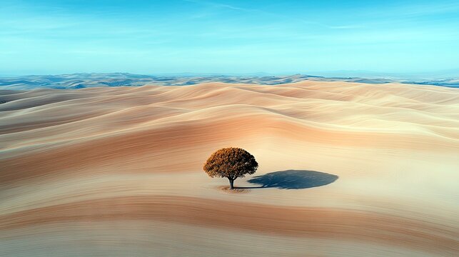 A lone tree stands on a rolling landscape of soft, undulating hills bathed in warm sunlight, with a vast blue sky overhead. - Powered by Adobe