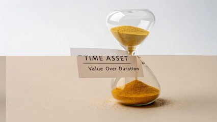 Unique Hourglass Displaying Sand Flow with Time Asset Label for Concept of Value and Duration in Business and Finance