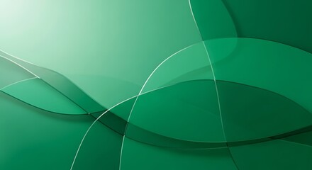 An elegant abstract background featuring overlapping, translucent layers of curved green shapes, creating smooth, flowing lines, soft shadows, and a subtle gradient of light.
