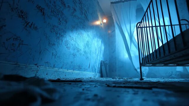 Creepy Abandoned Nursery with Distressed Blue Walls and Old Crib in Eerie Blue Light