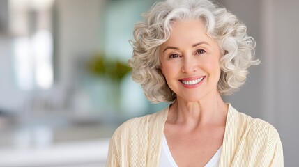 Smiling elderly woman with curly gray hair wearing light cardigan, showcasing natural beauty and confidence in bright modern interior setting