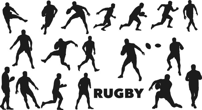 Silhouette vector illustration of rugby players running, kicking, catching and tackling in various action poses, dynamic sports design concept for team competition artworks