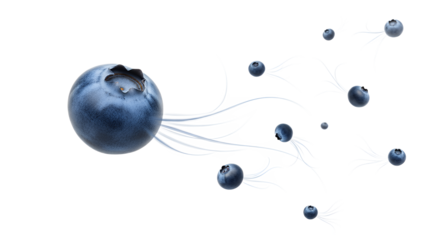 Dynamic Blueberry Burst A vibrant composition of fresh blueberries scattering across a clean white backdrop, symbolizing natural vitality, healthy energy, and organic freshness