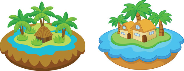 A tiny tropical island floating on a giant lily pad with a single palm tree, minimal and whimsical nature concept, fantasy botanical landscape, isolated on white for creative design use