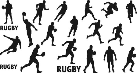 Silhouette vector illustration of rugby players running, tackling, passing and holding ball in action poses, dynamic sports collection design for athletic concept artworks