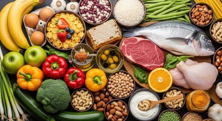 Variety of healthy food choices including fruits vegetables proteins and grains ideal for balanced nutrition and dietary planning