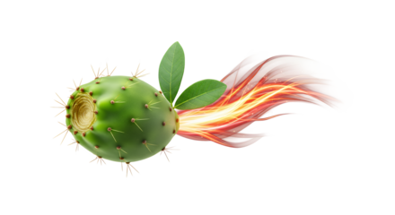 Vibrant green prickly pear cactus fruit with fiery orange and yellow streaks emanating from its base, symbolizing energy and vitality
