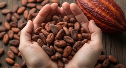 Hands holding cocoa beans raw cacao seeds a healthy ingredient for chocolate production