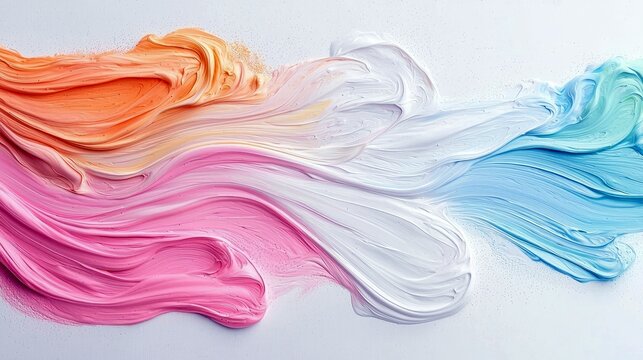 A flowing abstract composition of thick, textured paint strokes in a gradient of pastel colors, including orange, pink, white, light blue, and mint green.