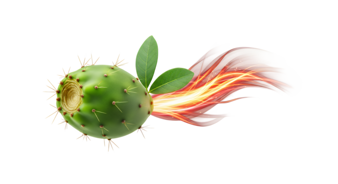 Vibrant green prickly pear cactus fruit with fiery orange and yellow streaks emanating from its base, symbolizing energy and vitality