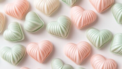 A pile of pastel-colored, heart-shaped candies, arranged in a pattern on a white background. The candies have soft colors like pink and green with light accents, creating an elegant
