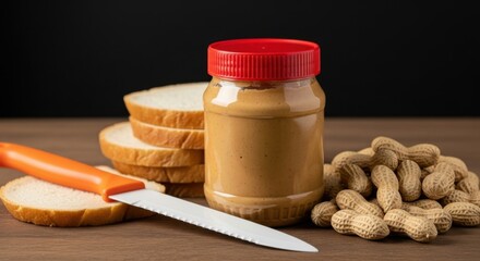 Peanut butter in a jar with bread slices and peanuts a classic food combination for sandwiches snacks or breakfast