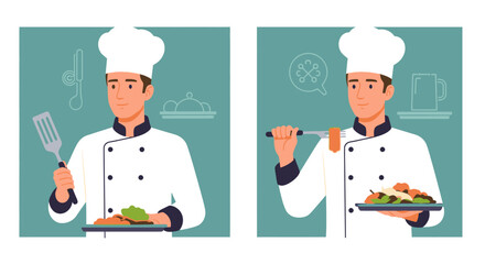 Two chefs, in uniform, holding food and kitchen tools, preparing dishes.