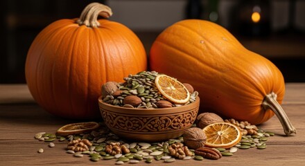 Fall harvest display with pumpkins a bowl of mixed nuts and seeds and dried orange slices on a wooden table autumnal still life