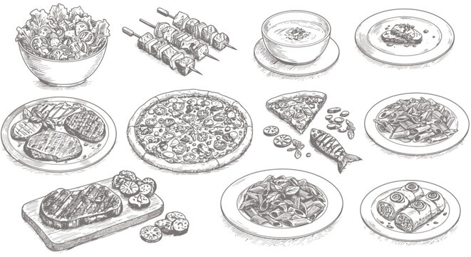 A detailed vector illustration showcases a variety of delicious food items, including pizza, steak, and other culinary delights, perfect for menus and food-related designs.