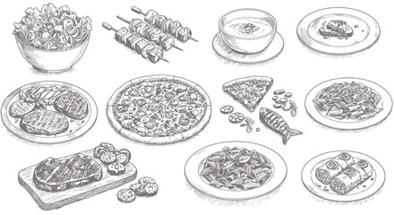 A vector illustration showcases an assortment of delectable food items, including pizza, steak, and various dishes, presented in a detailed, hand-drawn style for culinary projects.