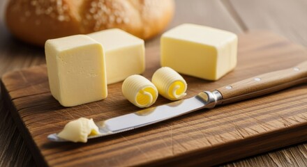 Fresh butter curls and cubes on a wooden board with a knife perfect for breakfast or cooking food photography
