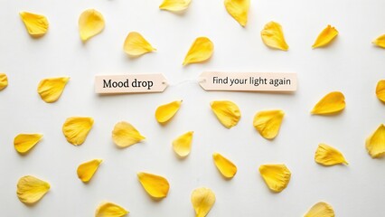 Yellow flower petals arranged with motivational tags for mental well-being and mindfulness enhancement in a calming setting
