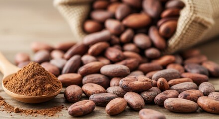 Pile of raw cocoa beans spilling from a burlap sack with cocoa powder in a wooden spoon on a rustic wooden surface