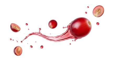 Dynamic splash of red fruit juice bursting from a fresh grape, with whole and halved berries in motion, capturing natural refreshment against a clean white background