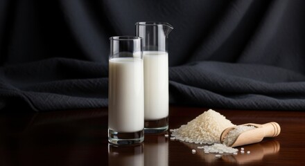 Glass of rice milk and a pitcher with a pile of rice grains a healthy and vegan alternative to dairy milk