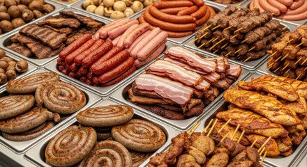 Assortment of gourmet meat products including sausages bacon and skewers displayed in a deli case for sale