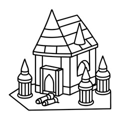 Stylized Line Art of Whimsical Building and Geometric Monuments Vector Illustration.